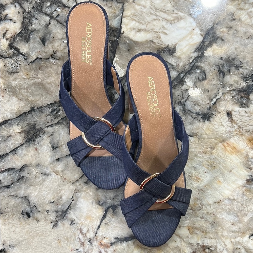 AEROSOLES Blue Mules with Crisscross Design